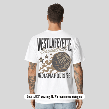 Person wearing a white t-shirt with 'West Lafayette Basketball' design on the back, standing against a gray background.